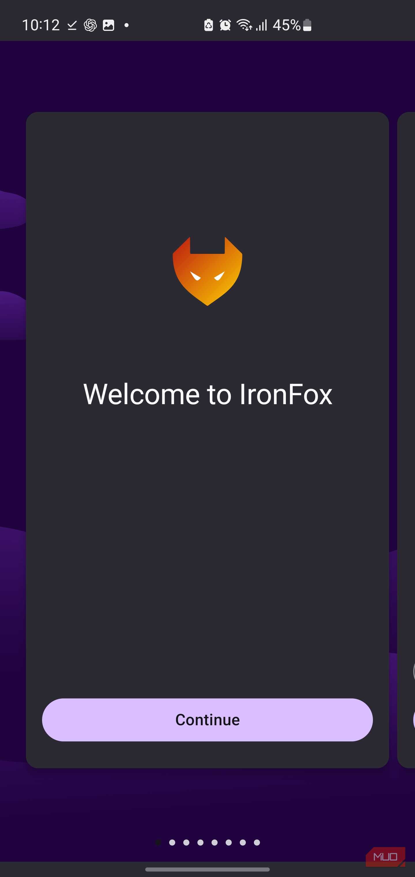 Welcome screen for the IronFox mobile app