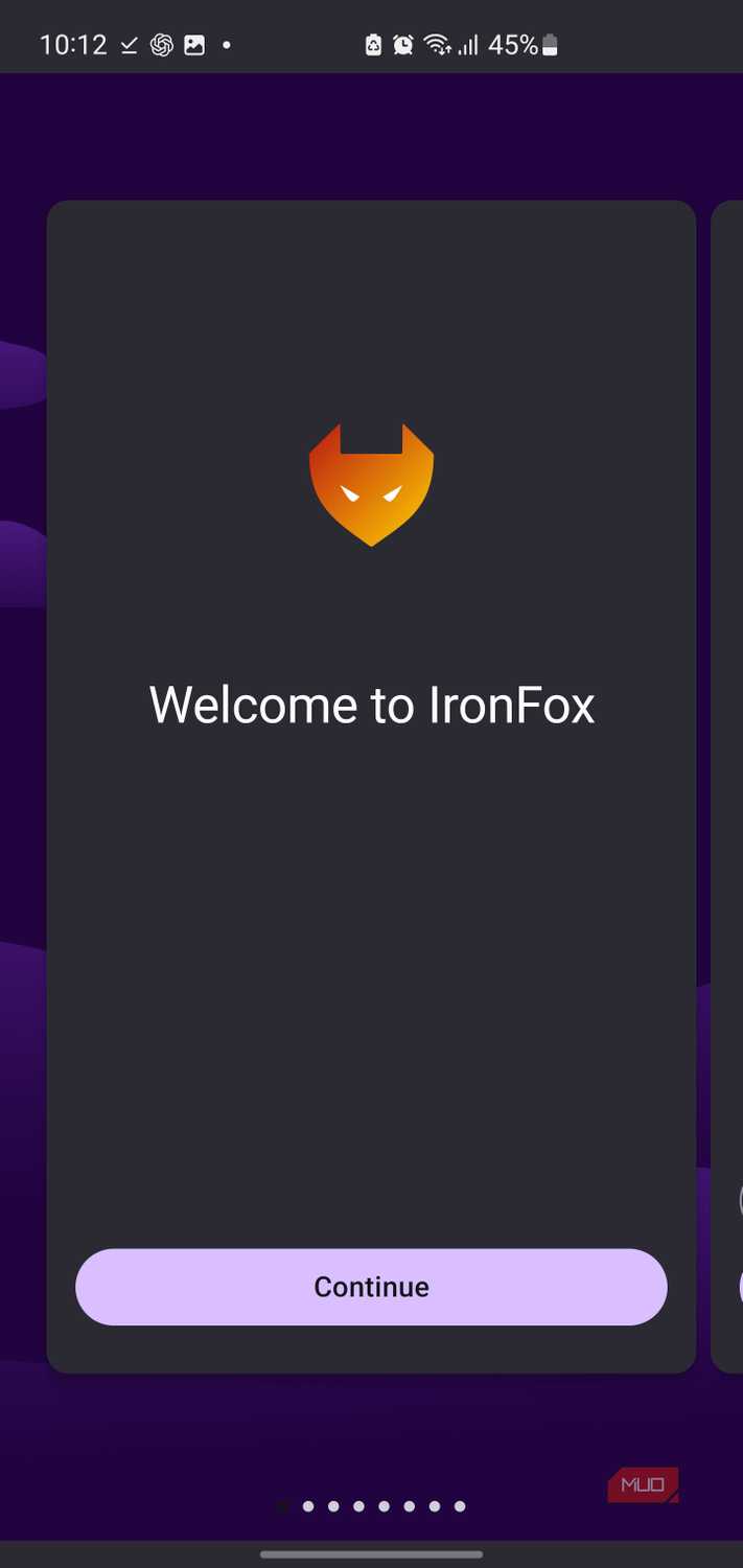 Welcome screen for the IronFox mobile app