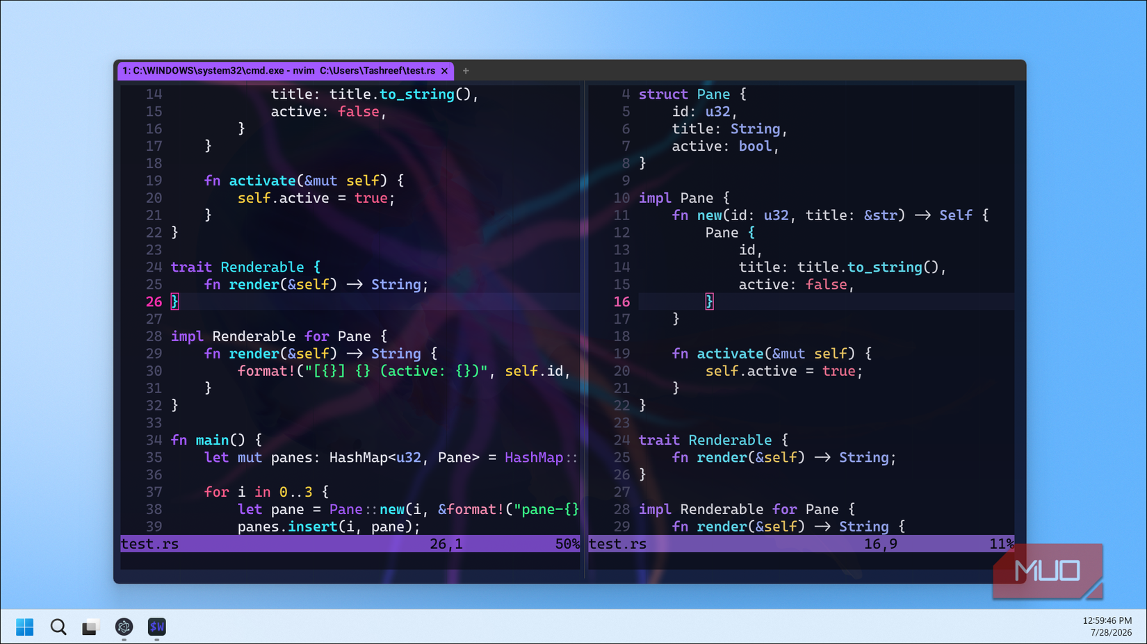 Wezterm Split View Rust Code Editor Test Rs File With Pane Struct Implementation