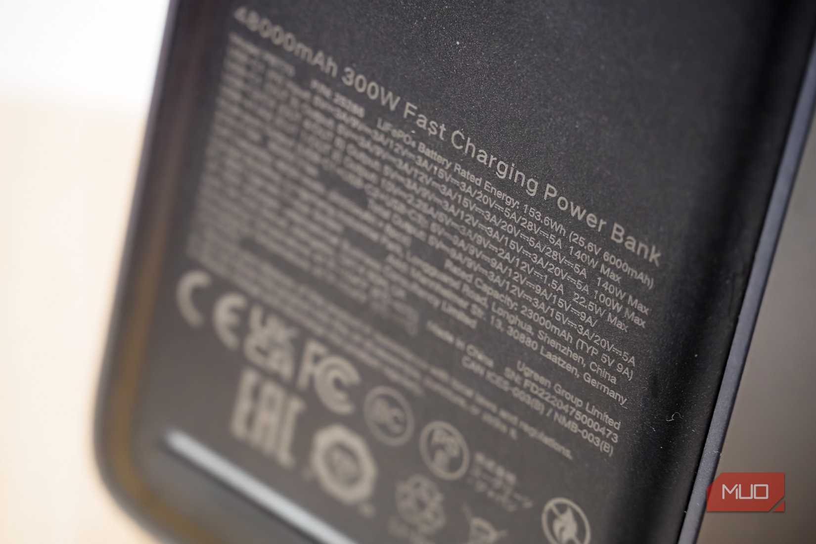 Regulatory info on the back of a power bank, with Wh in focus.