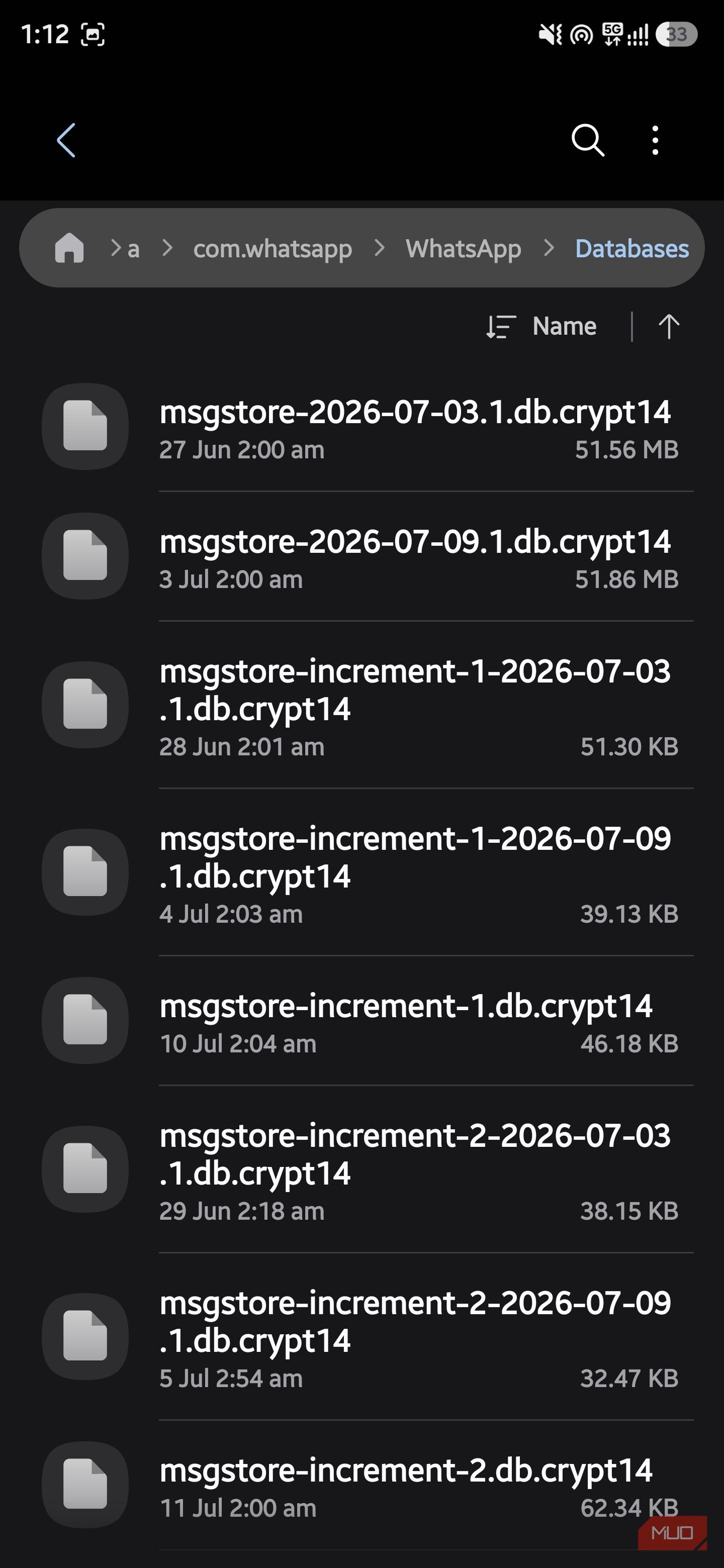 WhatsApp Databases folder displaying encrypted local backup files with .db.crypt14 extensions