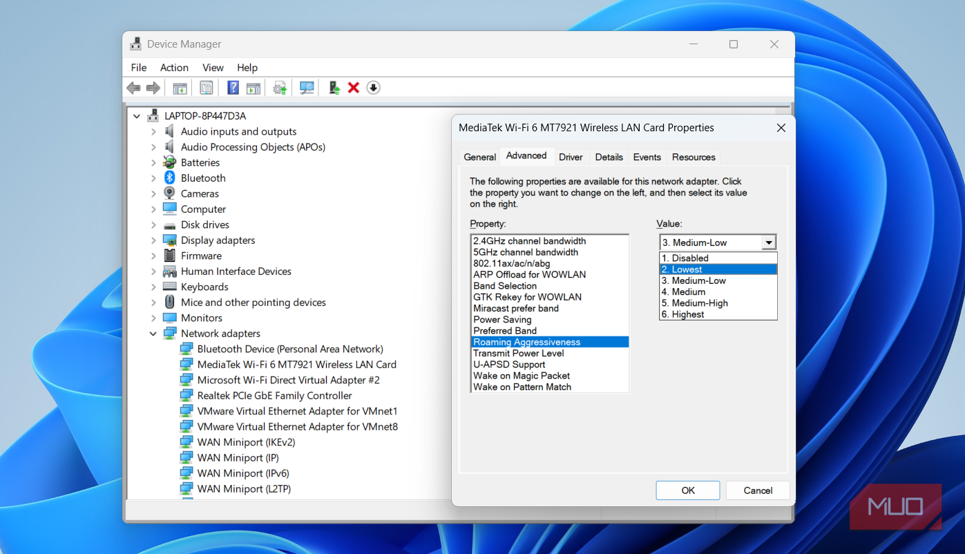 Wi-Fi adapter roaming setting in device manager