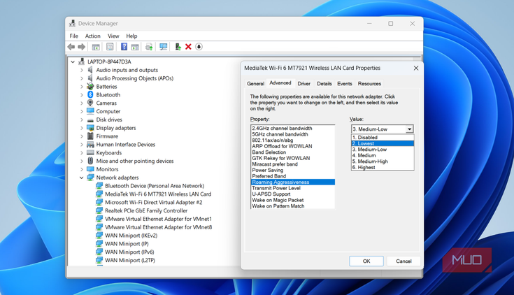 Wi-Fi adapter roaming setting in device manager