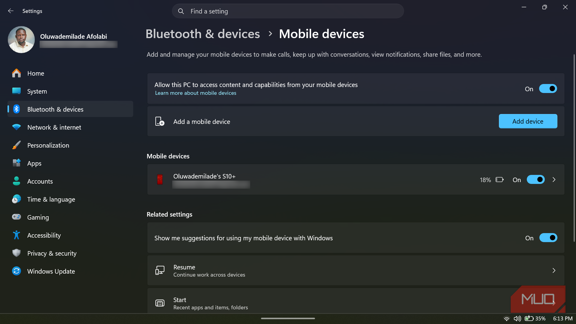 Windows 11 mobile devices settings screen