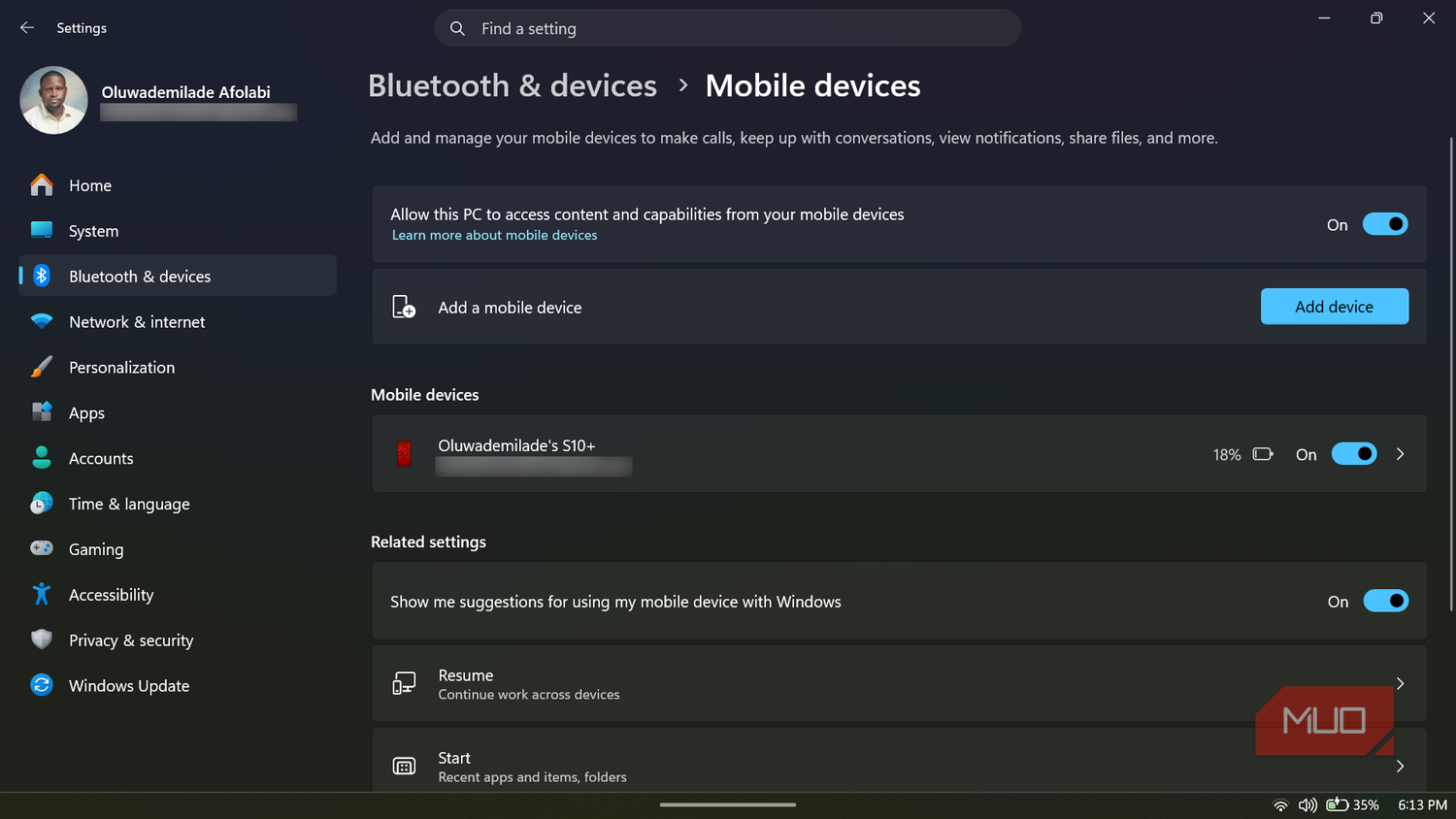 Windows 11 mobile devices settings screen