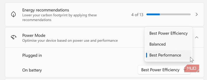windows 11 power mode settings dropdown menu with options.