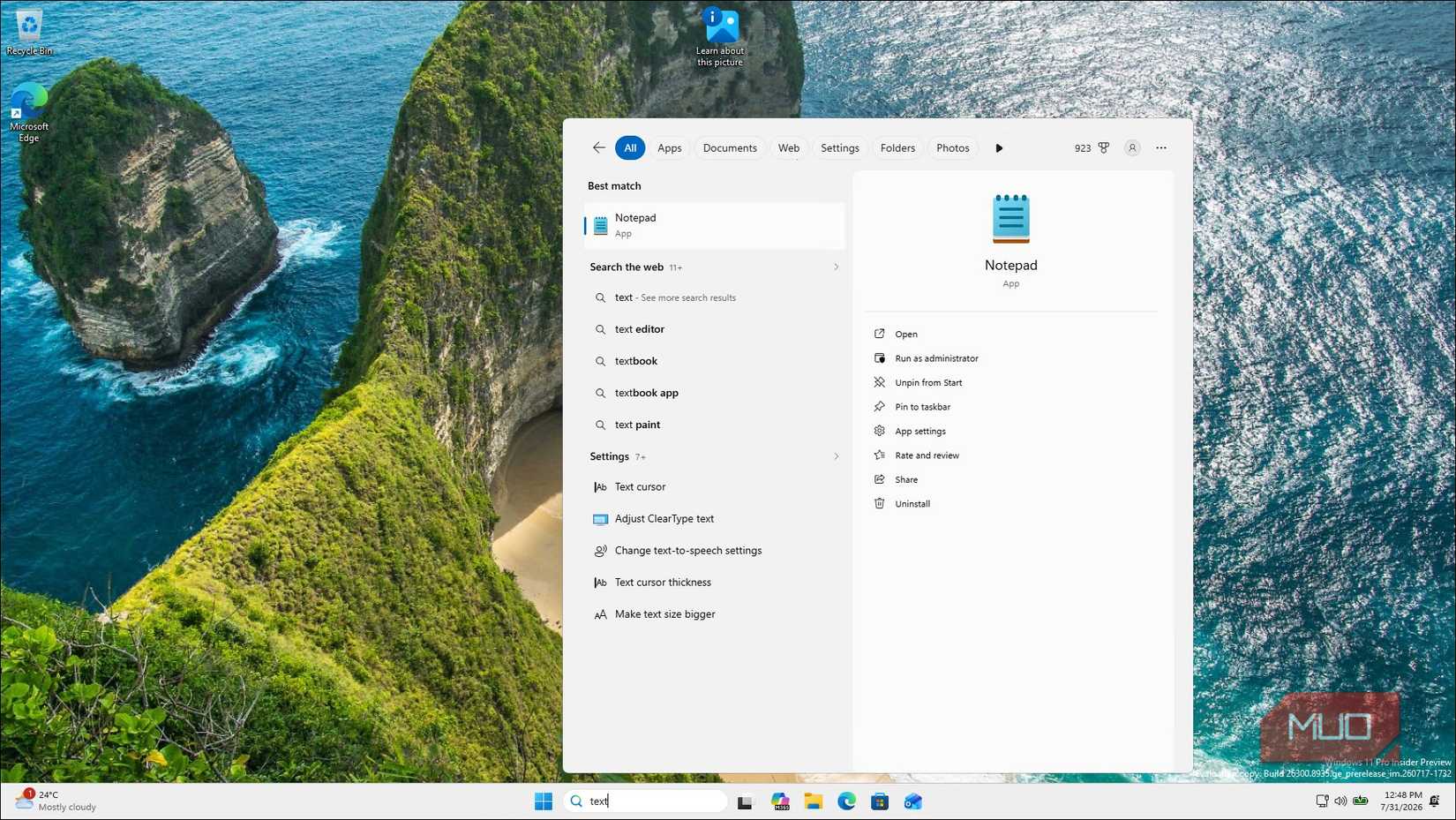 Windows 11 Search Results For Notepad App With Coastal Cliffs Background