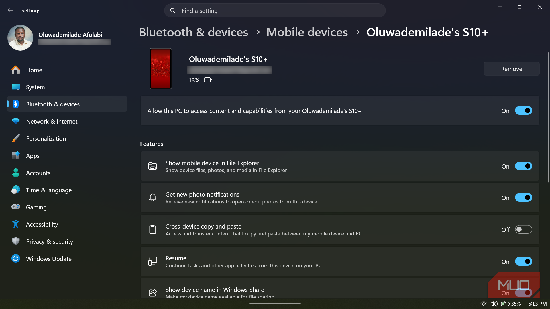 Windows 11 settings for connected mobile device