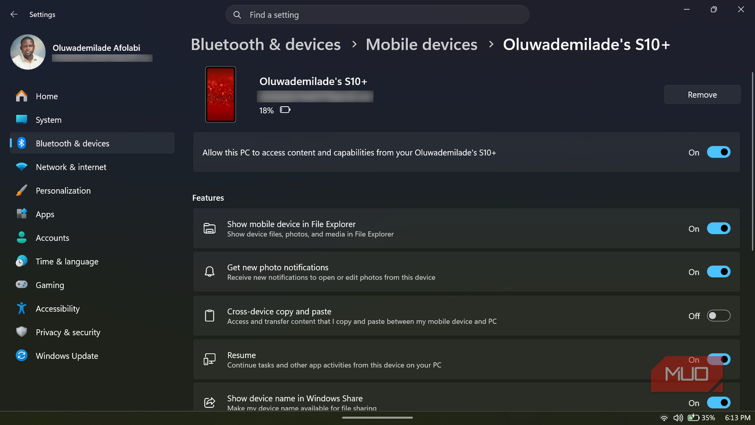 Windows 11 settings for connected mobile device