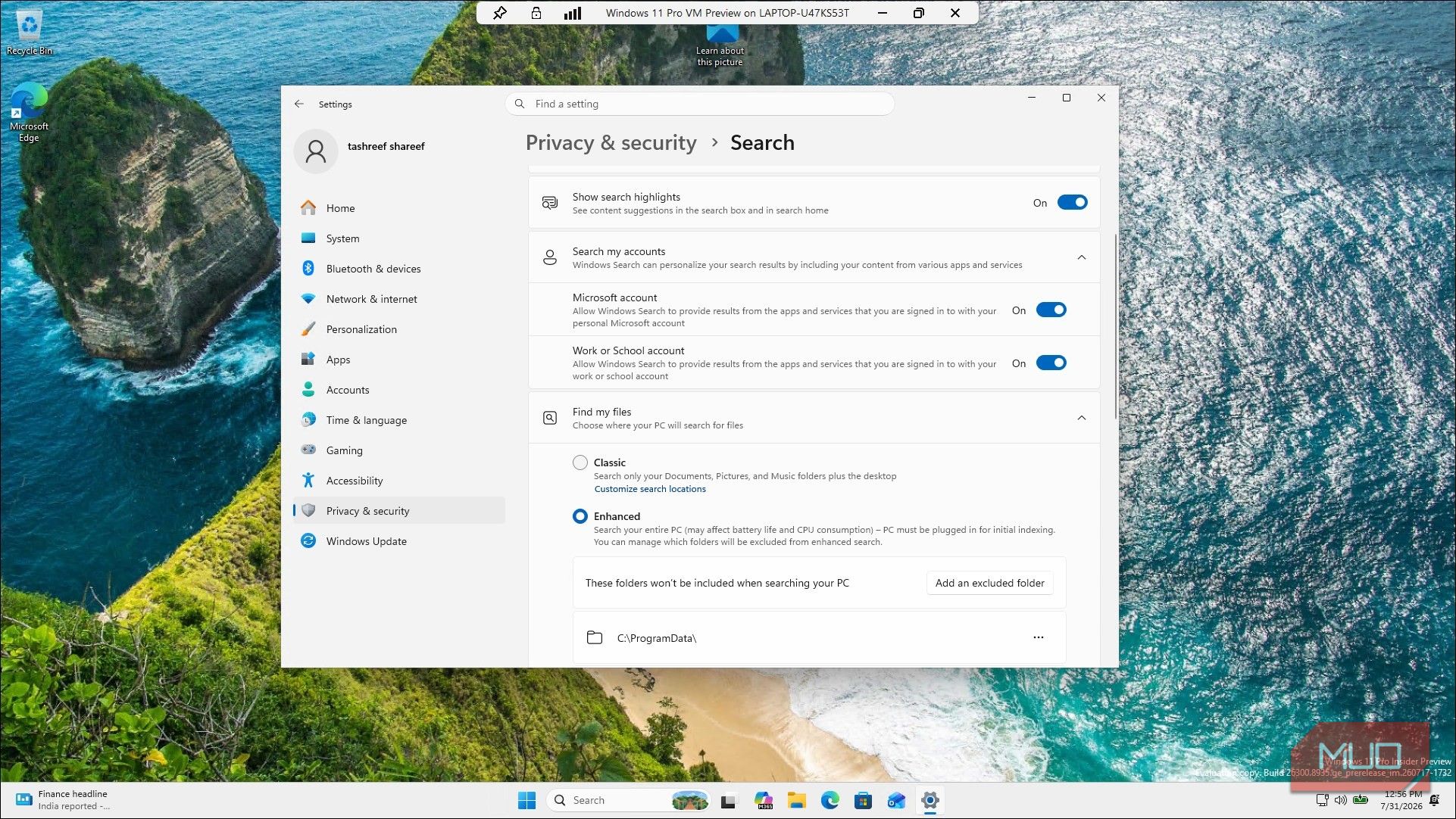 Windows 11 Settings Privacy Security Search Configuration Panel