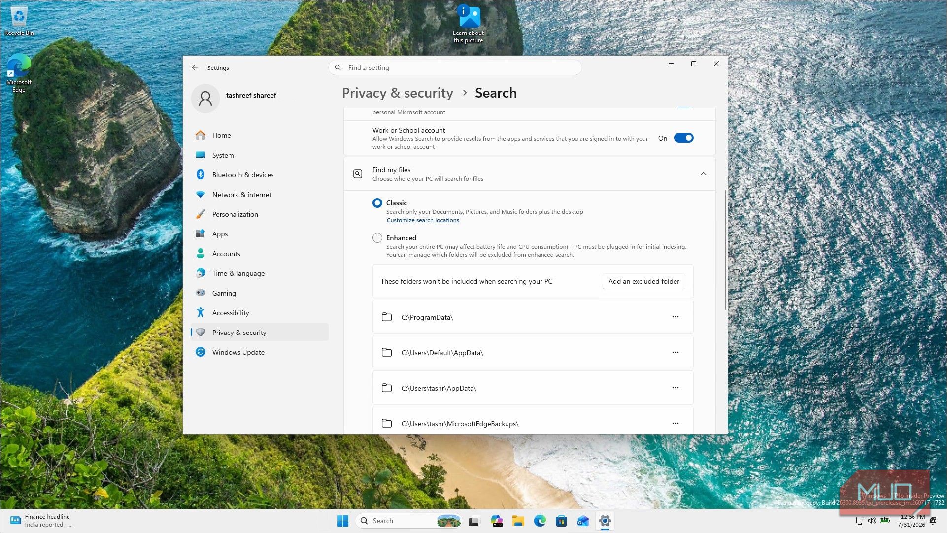 Windows 11 Settings Privacy Security Search Configuration Window