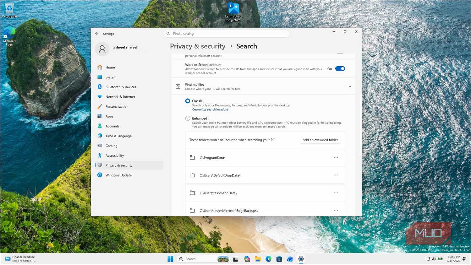 Windows 11 Settings Privacy Security Search Configuration Window