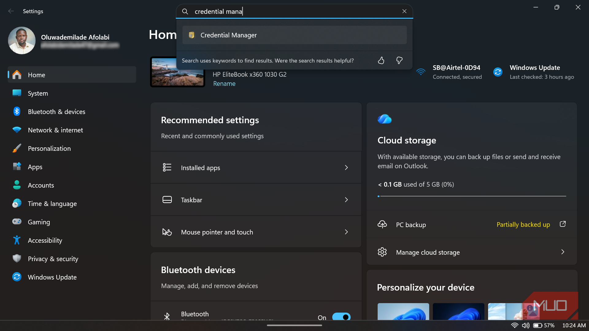 Windows 11 Settings search for Credential Manager