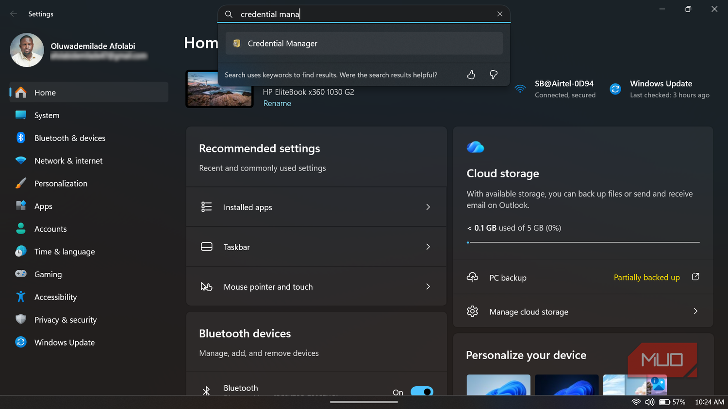 Windows 11 Settings search for Credential Manager