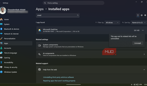Windows 11 settings showing OneDrive uninstall prompt