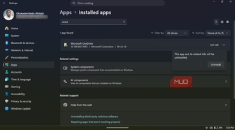 Windows 11 settings showing OneDrive uninstall prompt