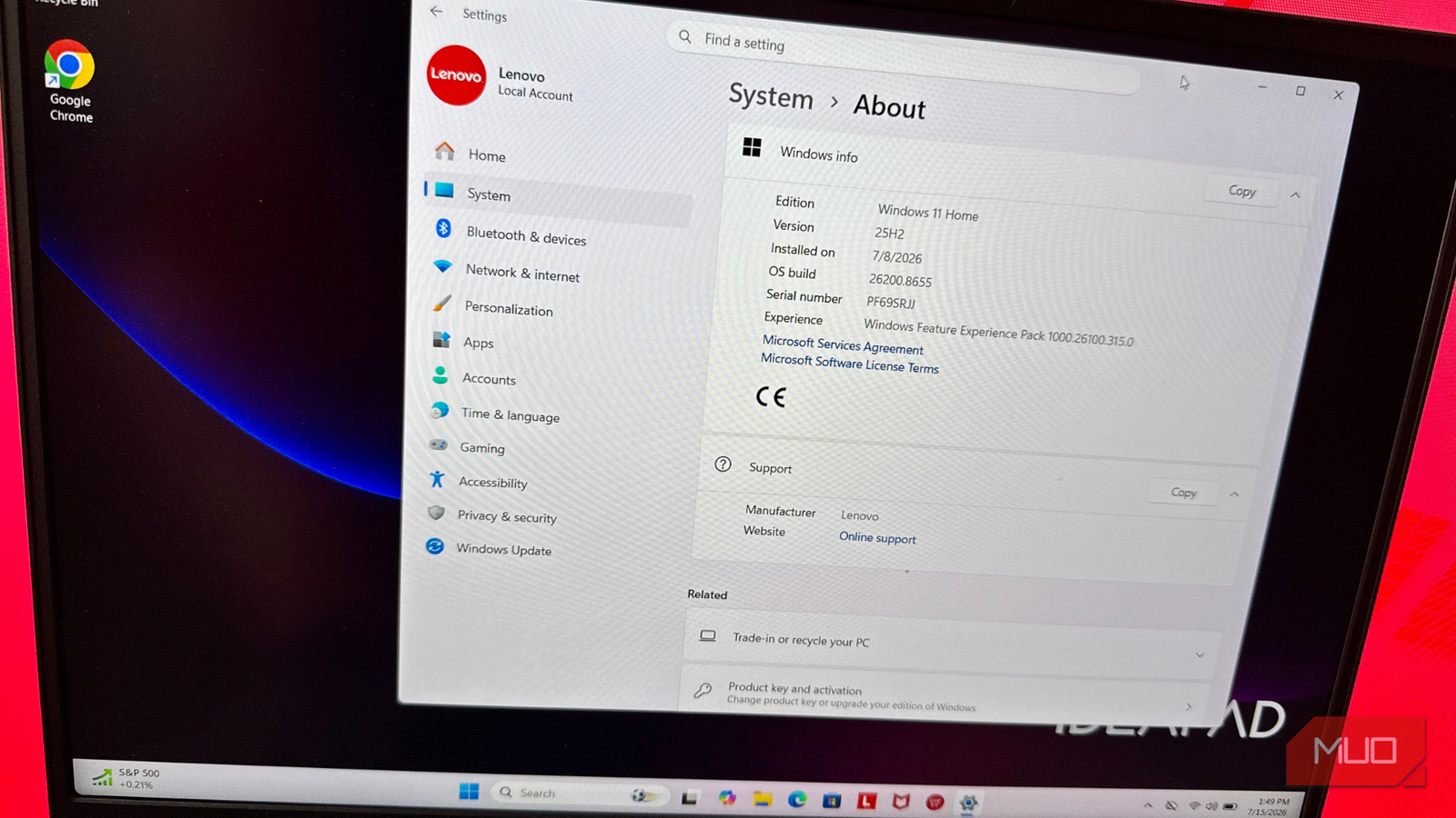 Как ускорить старый ПК на Windows 11 с помощью изменения стандартных настроек Экран ноутбука Lenovo IdeaPad с открытым разделом параметров системы Windows 11