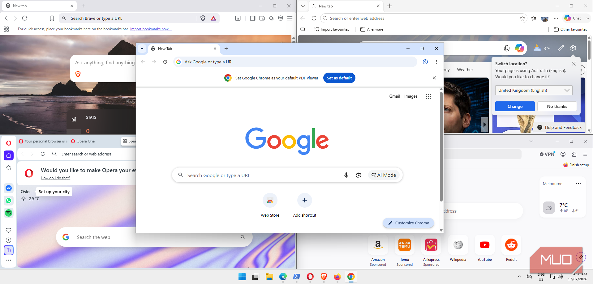 Windows 11 running five test browsers for benchmarking