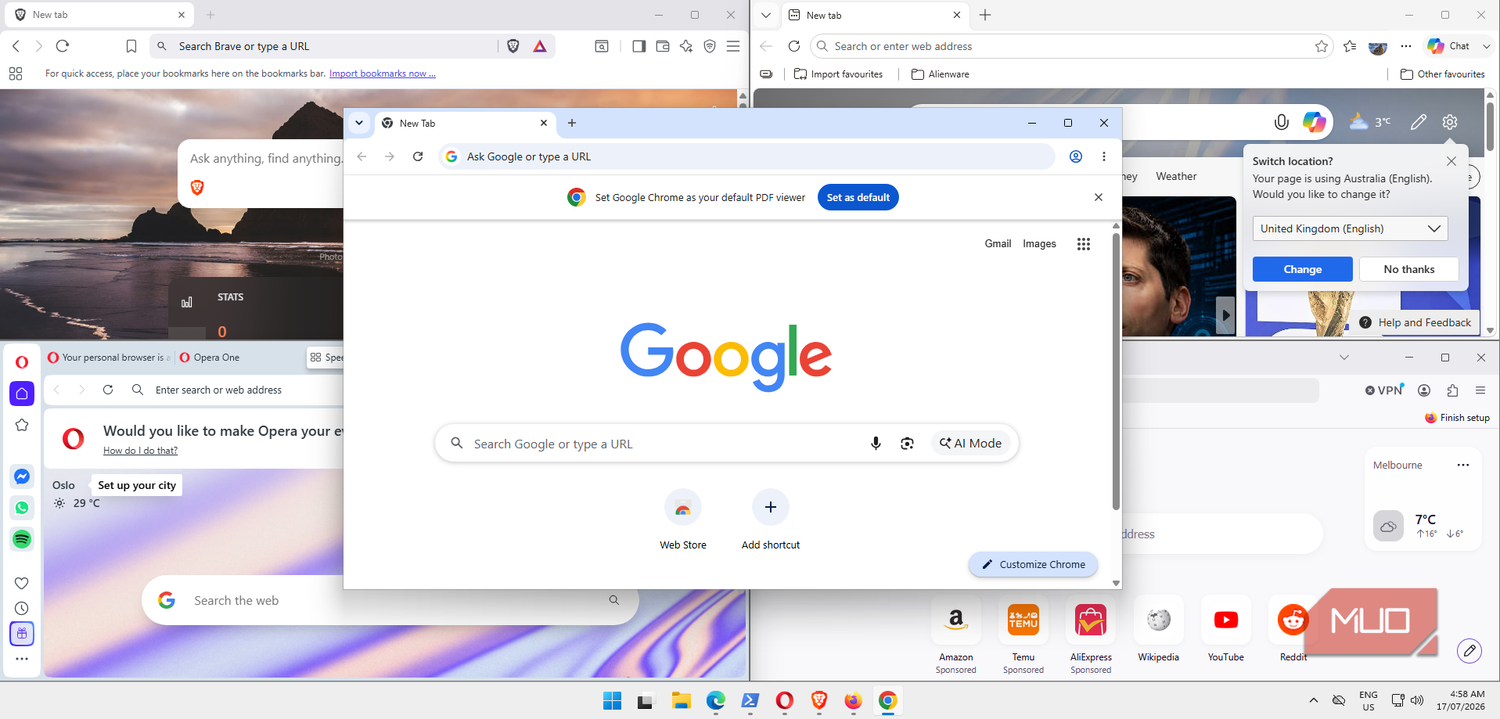 Windows 11 running five test browsers for benchmarking