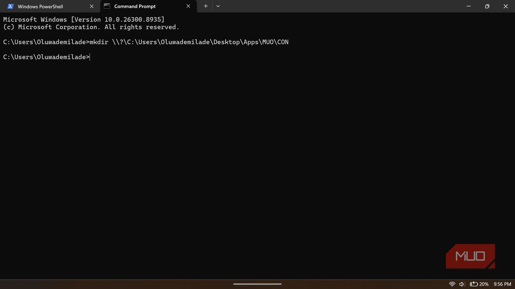 Windows command prompt running a directory command