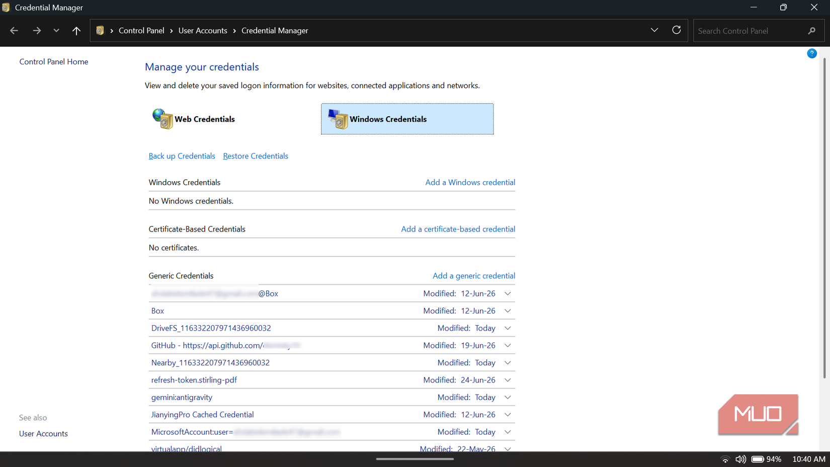 Windows Credential Manager showing stored website and app logins.