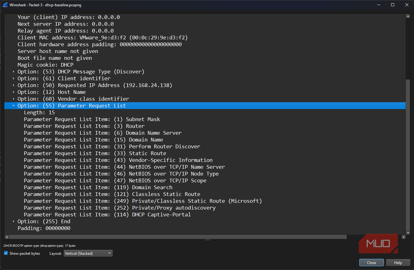 Windows 11 VM DHCP request list showing expanded DHCP Option 55