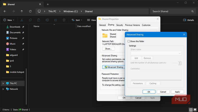 Windows Explorer Properties with Advanced Sharing showing feature turned off