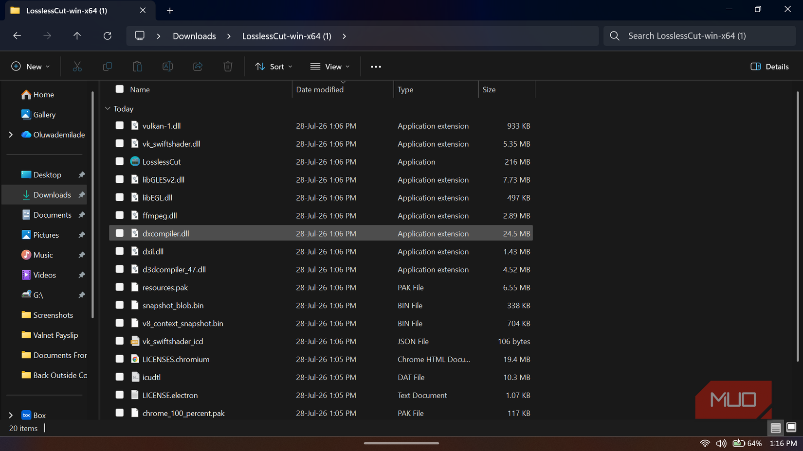 Windows file explorer showing LosslessCut folder contents.