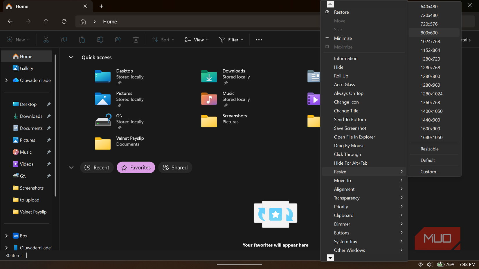 Windows file explorer with SmartSystemMenu resize context menu