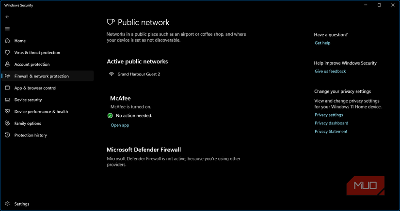 Windows firewall and network protection settings public network on showing hotel wifi