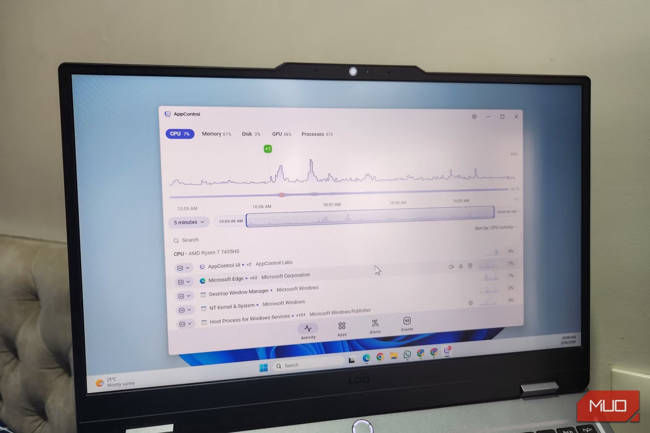 Windows laptop showing app control