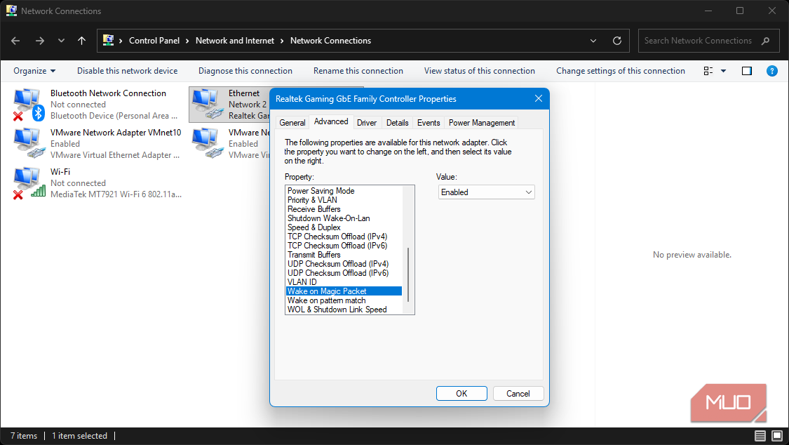 Windows network settings enabling Wake on Magic Packet for Ethernet adapter