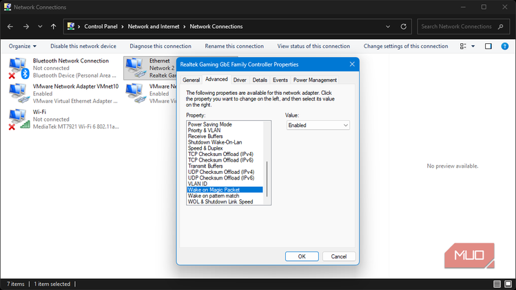 Windows network settings enabling Wake on Magic Packet for Ethernet adapter