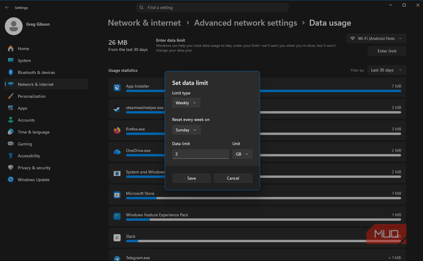 Microsoft Windows Network & internet settings set data limit for metered connection