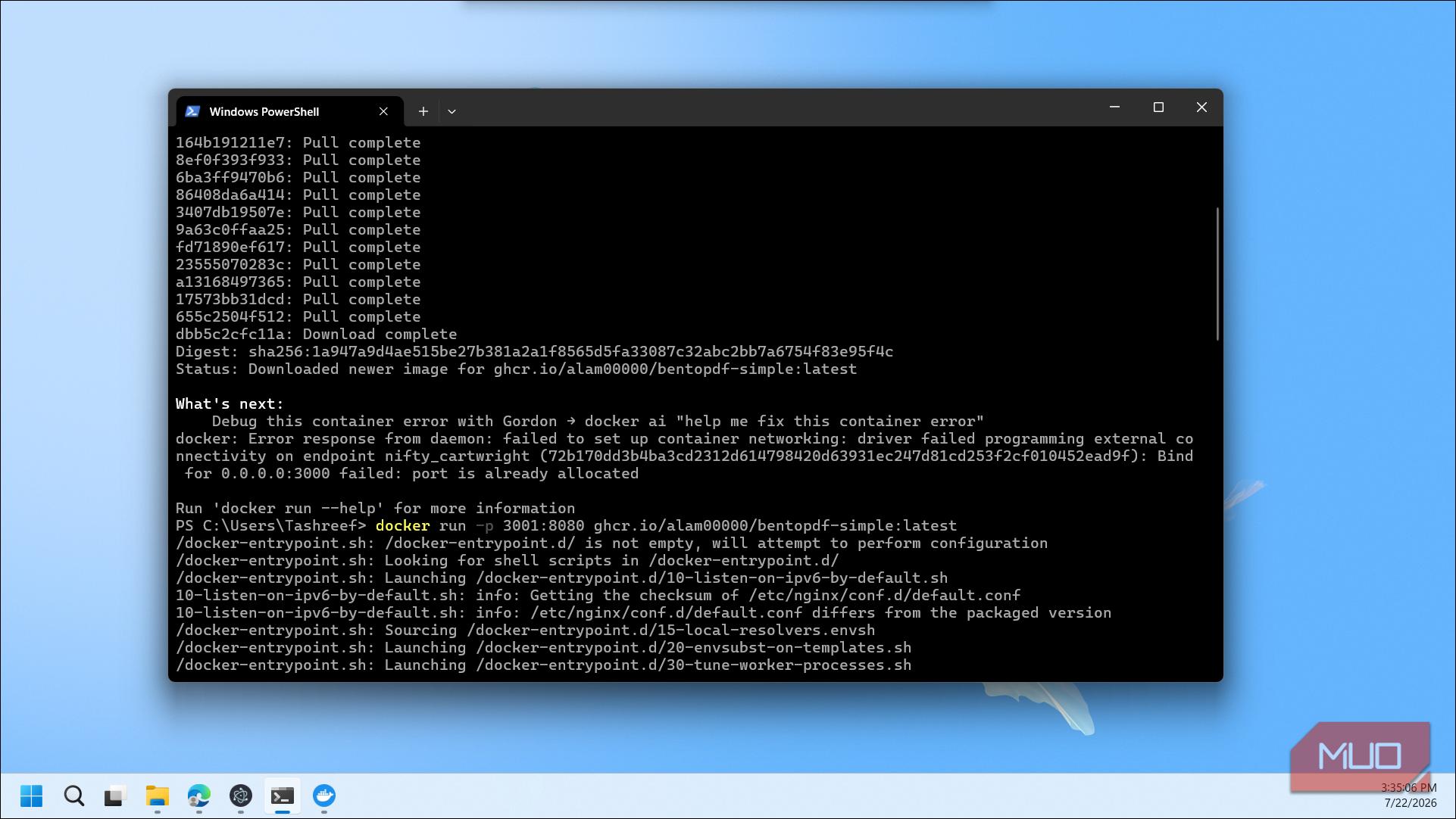 Windows Powershell Docker Container Error Logs Port Allocation Failed