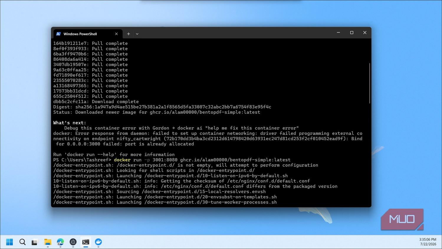 Windows Powershell Docker Container Error Logs Port Allocation Failed