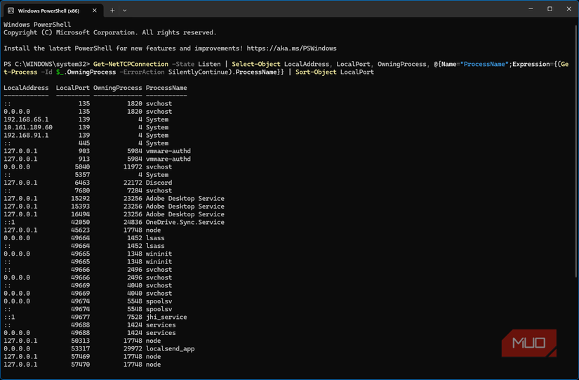 Windows PowerShell Get-NetTCPConnection listing ports and IP addresses