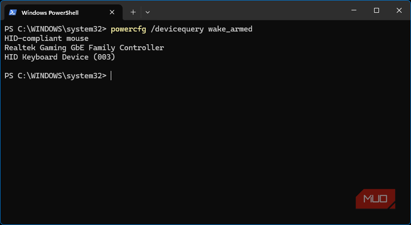 Windows PowerShell powercfg command showing devices armed for wake