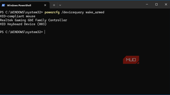 Windows PowerShell powercfg command showing devices armed for wake