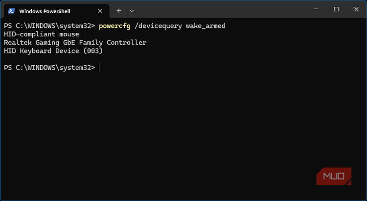 Windows PowerShell powercfg command showing devices armed for wake