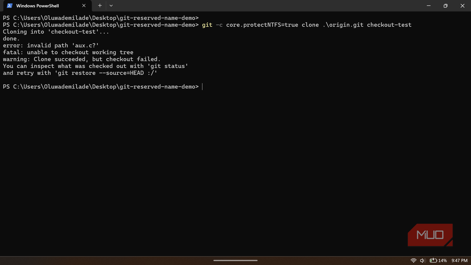 Windows PowerShell showing git clone error message