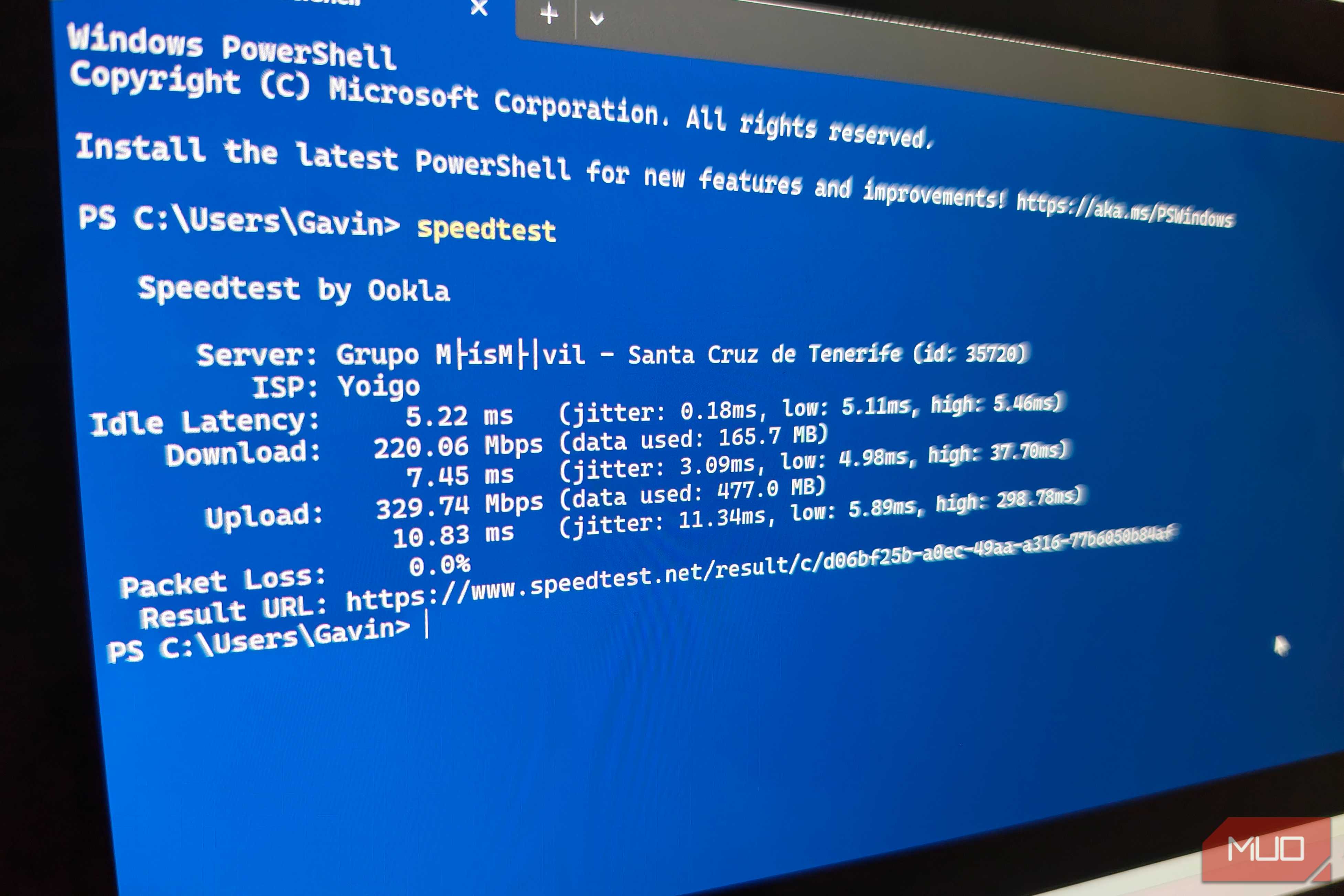 windows powershell terminal running ookla speedtest with results-1.