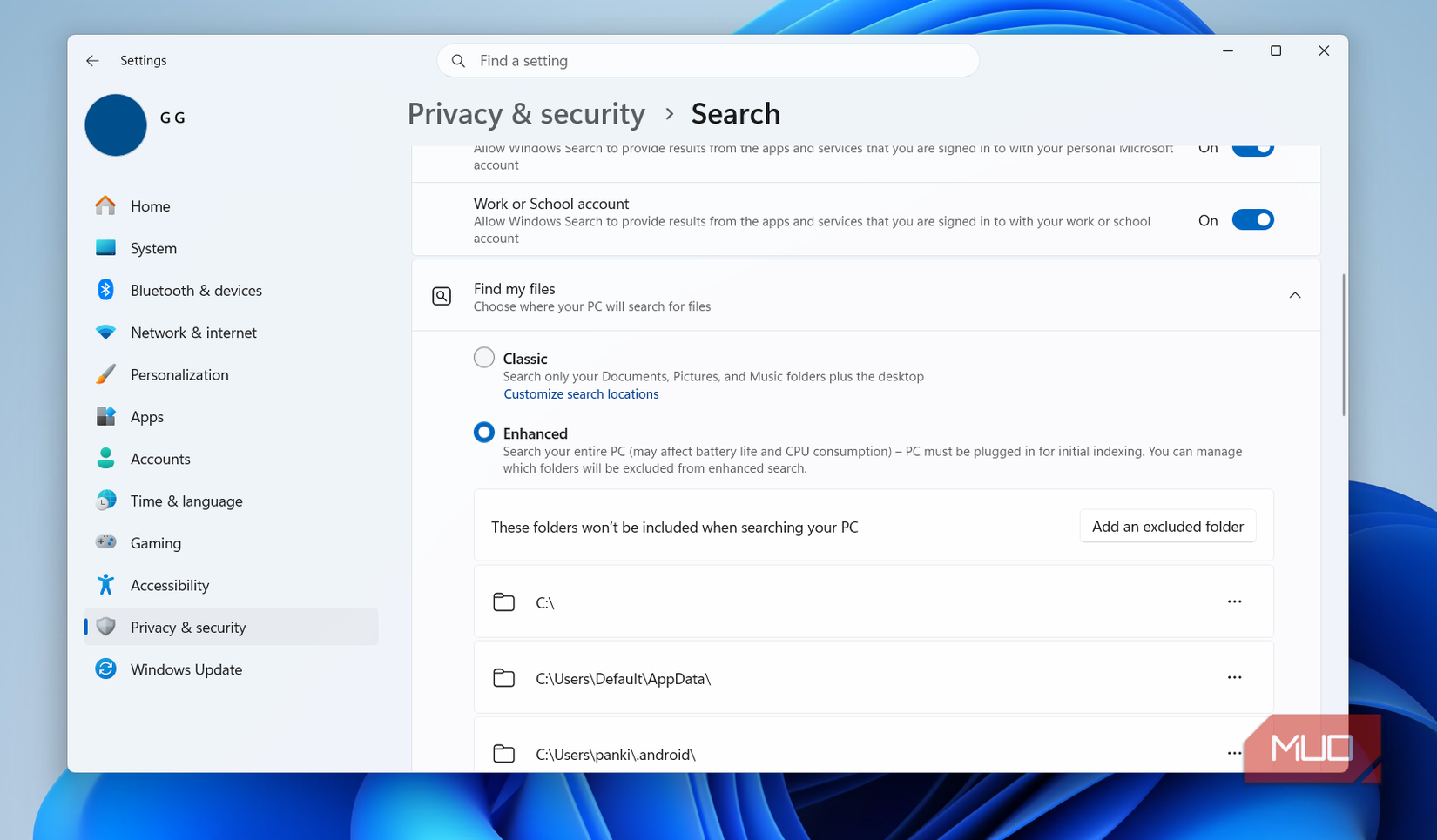 Windows Search settings on desktop