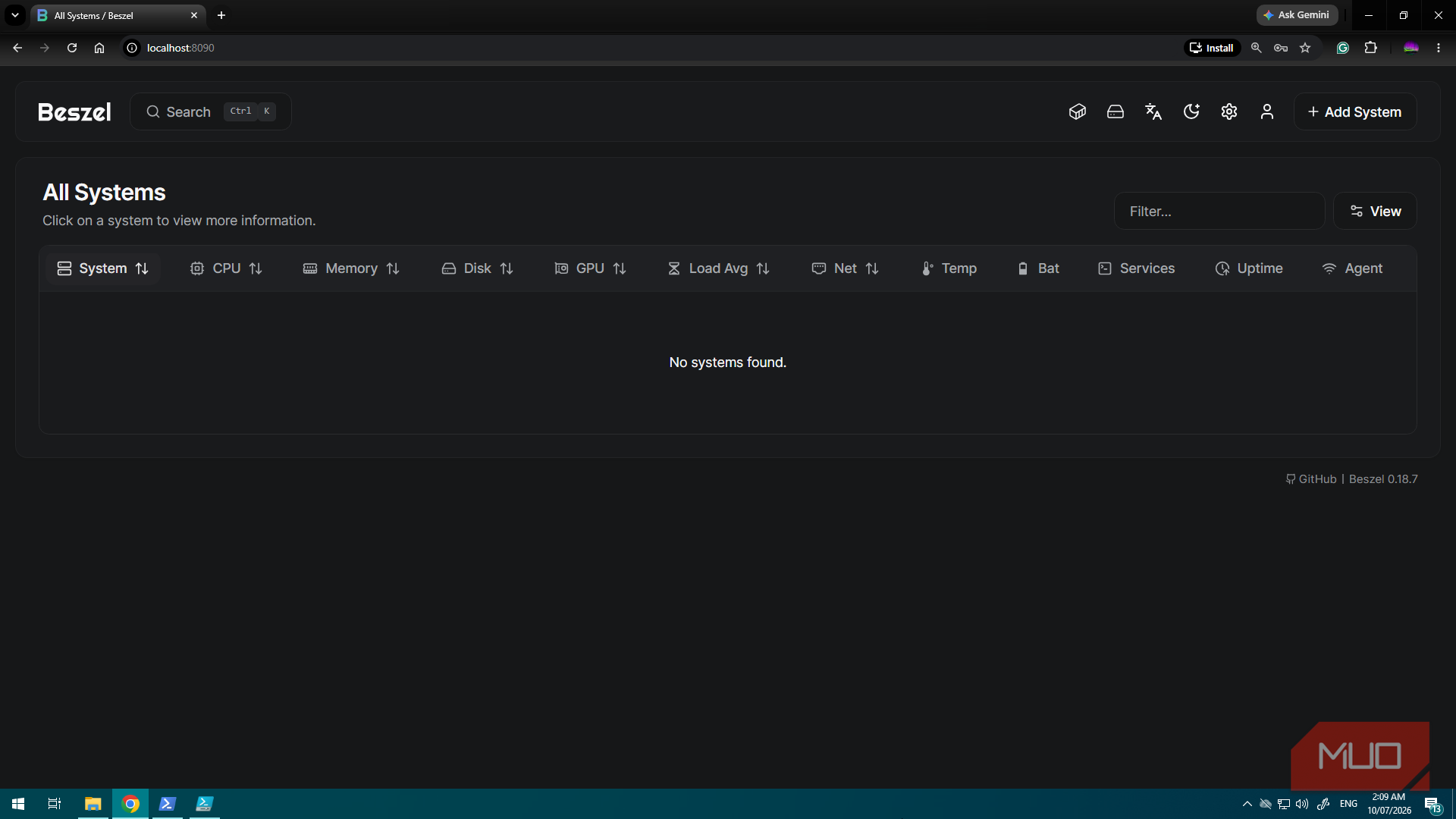 Windows Server with Beszel ready to add a new system