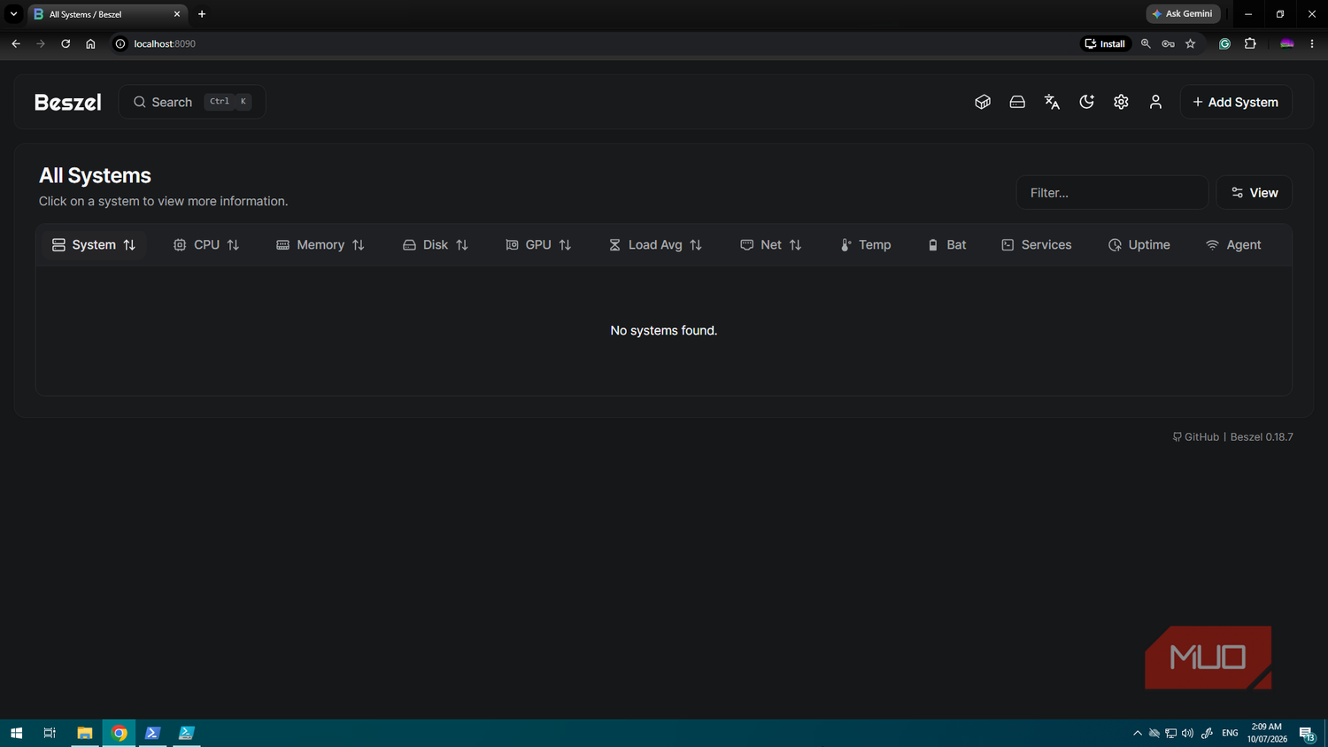 Windows Server with Beszel ready to add a new system