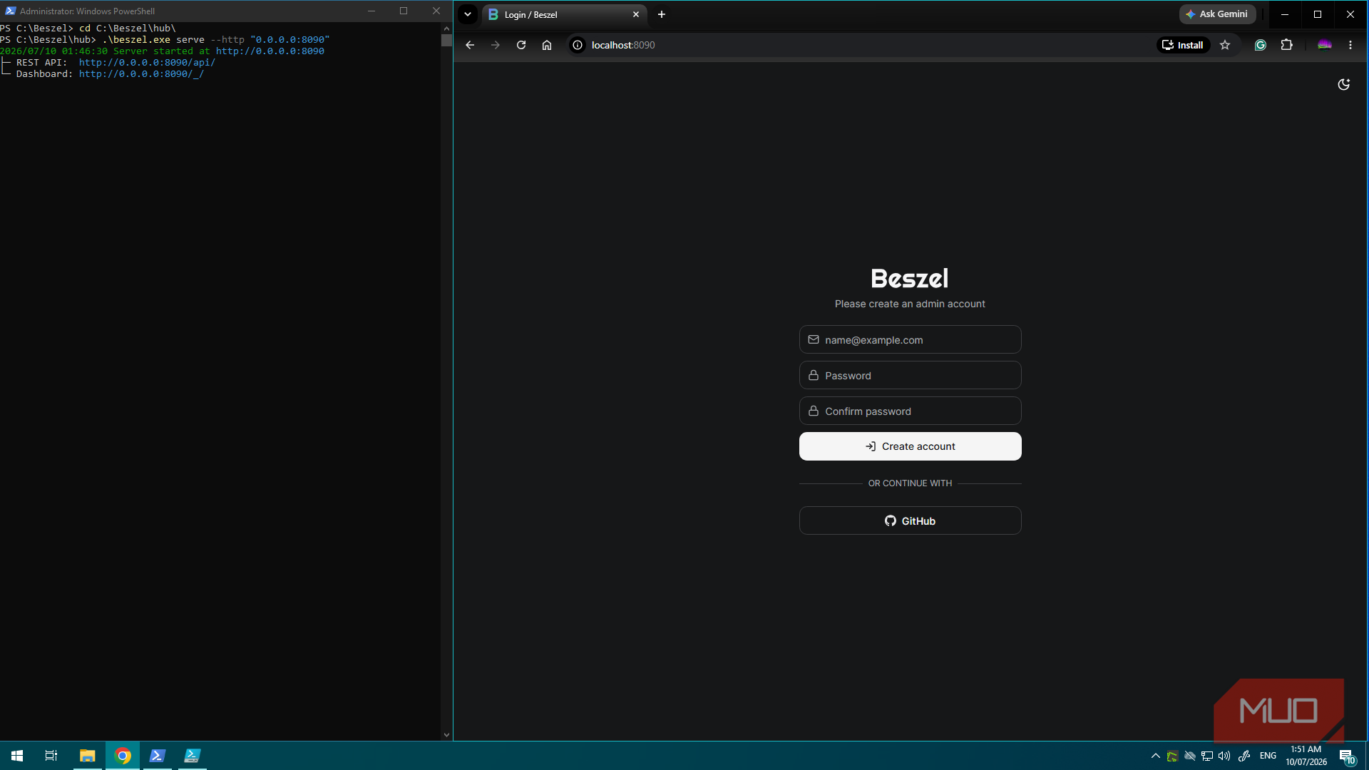 Windows Server VM running Beszel for the first time with create account screen