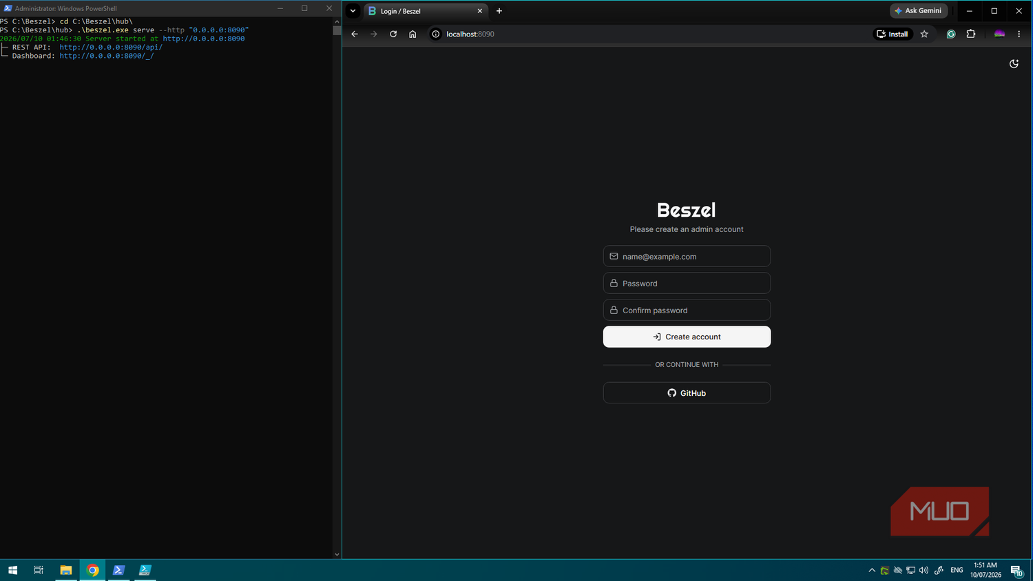 Windows Server VM running Beszel for the first time with create account screen