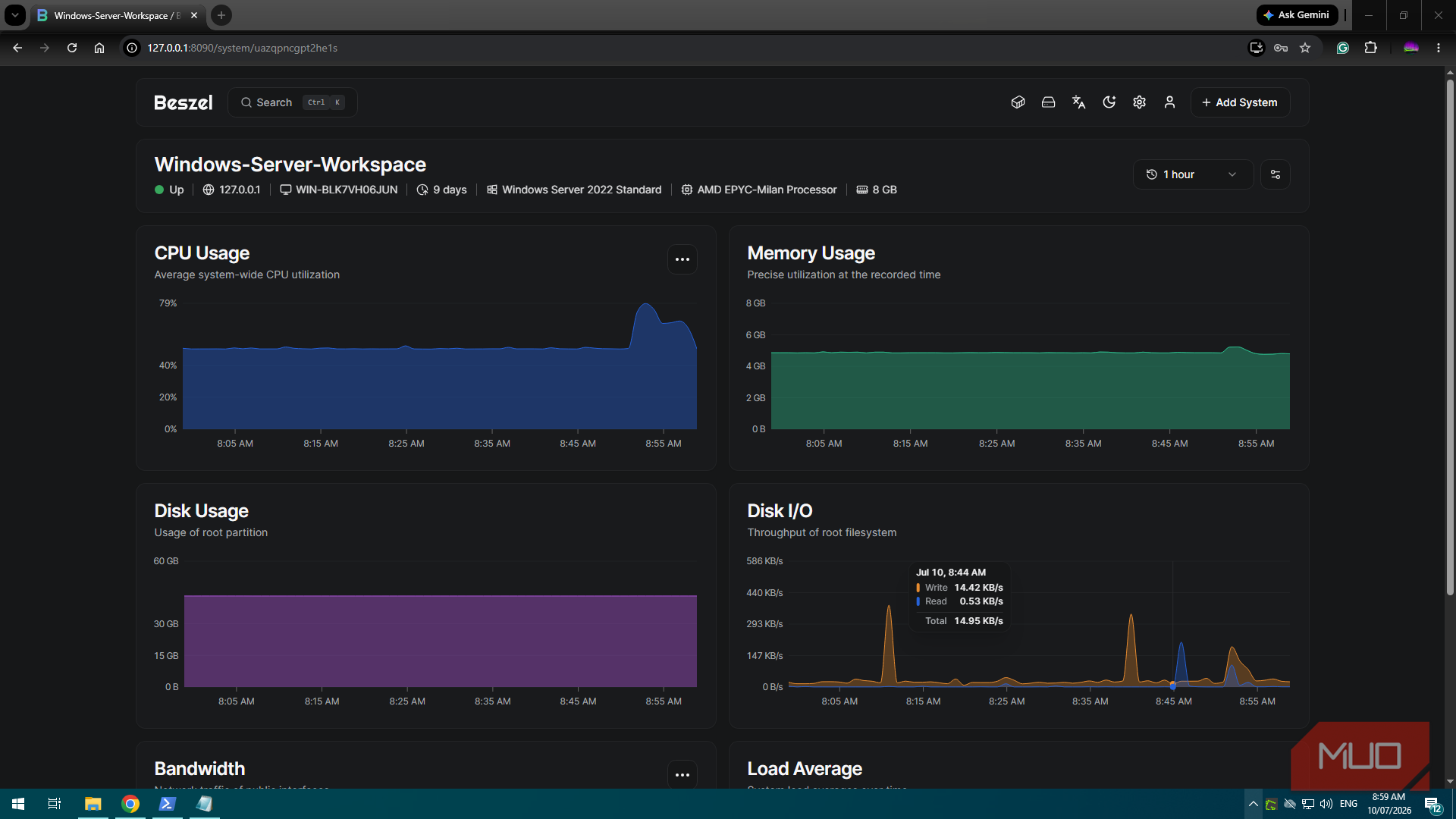 Windows Server VM with configured Beszel Dashboard and server monitoring