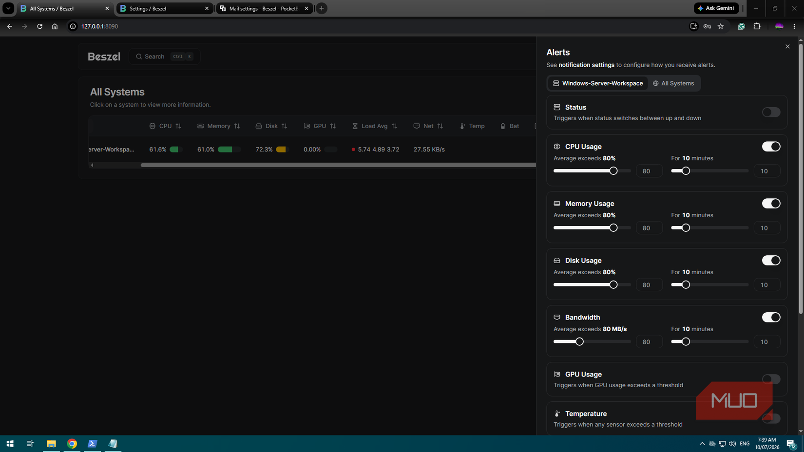Windows Server VM with Beszel dashboard and notification threshold settings