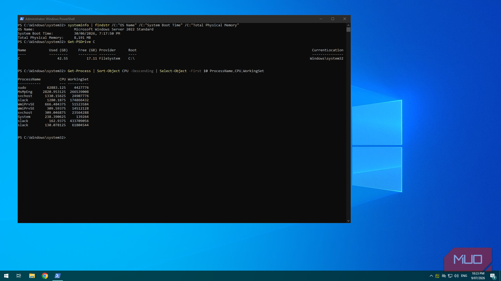 Using PowerShell on Windows server to display systems stats